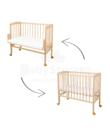 Waldin  Bedside Crib 2in1 Art.297549 Natural Wood Wooden 2-in-1 crib/cradle on wheels with a mattress