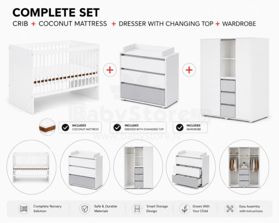 Klups Dalia Set Art.299157 White Komplekts:Bērnu koka gulta bez kastes 120x60cm+matracis ar kokosšķiedru 120x60x8cm+kumode ar pārtinamo virsmu+skapis