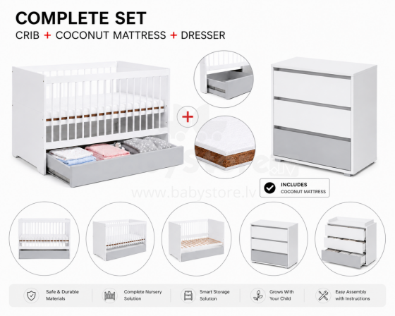 Klups Dalia Set Art.299159 White/Grey Bērnu koka gulta  ar atvilkni  120x60cm+matracis ar kokosšķiedru 120x60x8cm+kumode