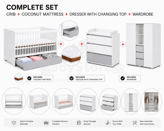 Klups Dalia Set Art.299161 White/Grey Komplekts:Bērnu koka gulta ar atvilkni 120x60cm+matracis ar kokosšķiedru 120x60x8cm+kumode ar pārtinamo virsmu+skapis