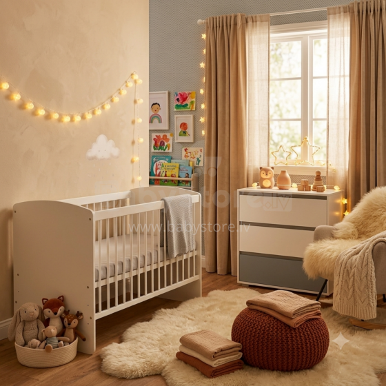 Klups Dalia Karol LUX Set Art.DK299155 White Bērnu koka gulta bez kastes 120x60cm+matracis ar kokosšķiedru 120x60x8cm+kumode