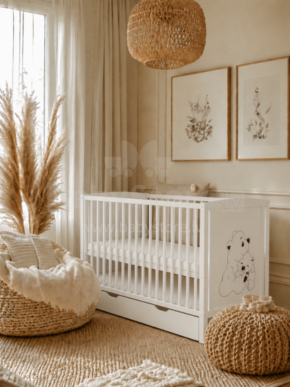 Elf Bed Bloom Drawer Art.300023 Bear White  Wooden baby crib with a storage drawer (120x60 cm)