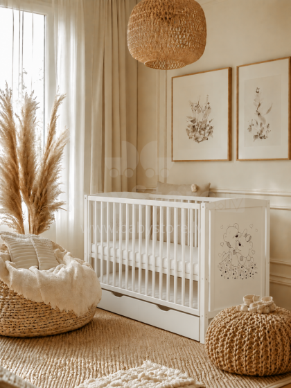 Elf Bed Bloom Drawer Art.300024 Bear White  Wooden baby crib with a storage drawer (120x60 cm)