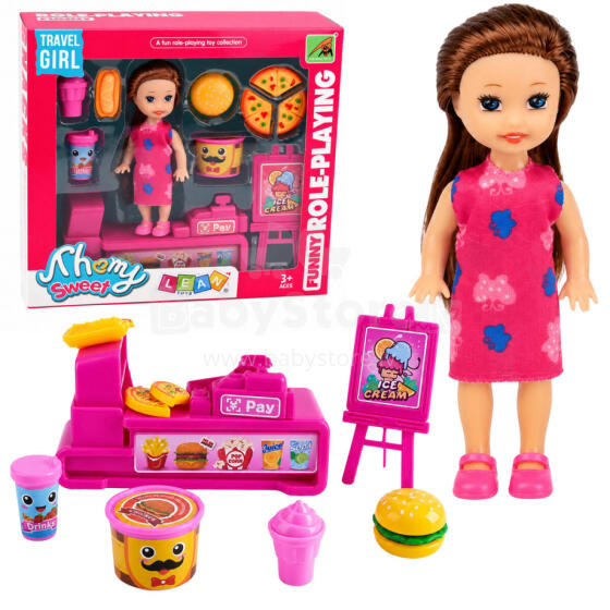 Mini Doll Set with Cash Register, Saleswoman, Hamburger, Ice Cream Accessories