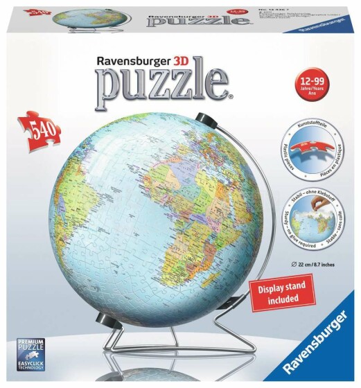 Ravensburger Art.12436 Puzzleball metallic globus, Apaļā puzle Globuss Pasaules karte, 550 gab.