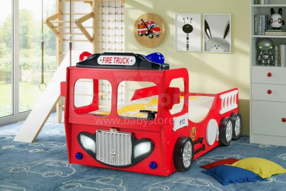 Gaisrinė mašina „Plastiko Art.46817“ Ergonomiška vaikų lova - automobilis su čiužiniu 190x90 cm