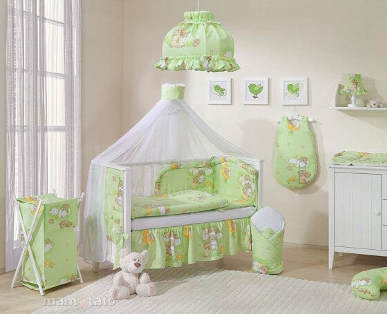 „Mamo Tato Teddy Bears 2 Col.“ žalios spalvos dekoratyviniai medvilniniai raukiniai (70x140cm, 60x120 cm)