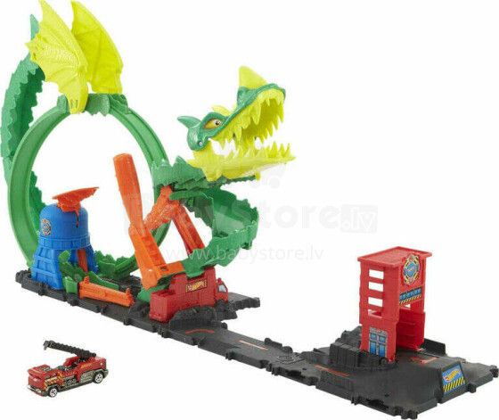 Mattel Hot Wheels Dragon Art.HDP03 Komplekts Pūķis uzbrūk ugunsdzēsēju stacijai