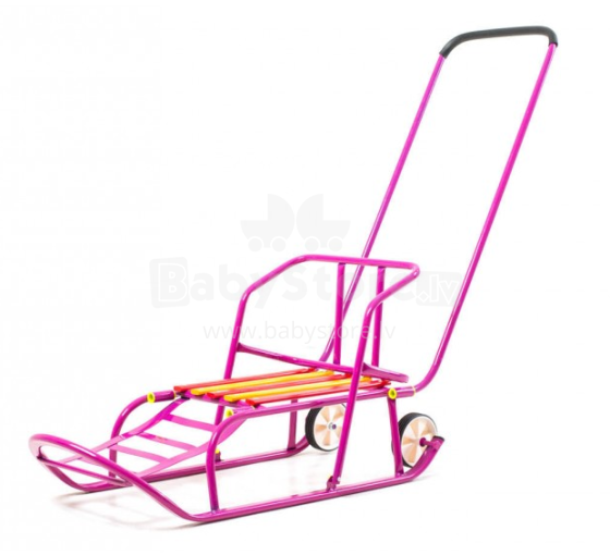 „SnowCross“ pulk. Pink Vaikų rogės iš metalo ir medžio su atlošu (nugara), rankenomis ir ratais