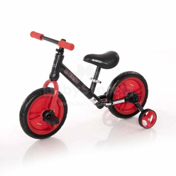 „Lorelli Energy Art.1005048“ raudonas vaikiškas dviratis su metaliniu rėmu ir papildomais ratais