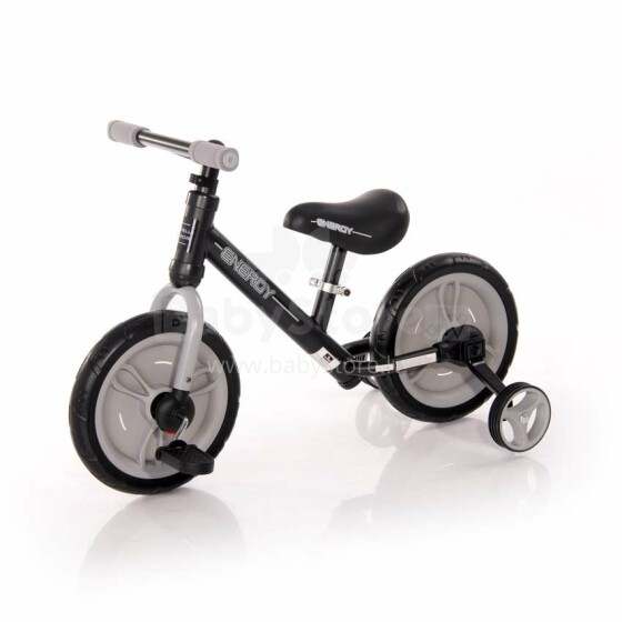 „Lorelli Energy Art.1005048“ pilkas vaikiškas dviratis su metaliniu rėmu ir papildomais ratais