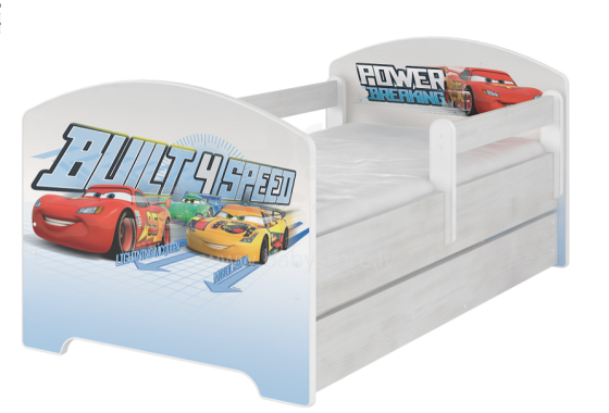 AMI Disney Bed Cars Bērnu stilīga gulta ar noņemamu maliņu un matraci 144x74cm