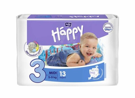 Happy Midi Baby sauskelnės 3 dydis nuo 5-9kg, 13vnt.