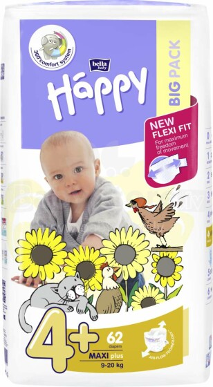 Happy Maxi Plus Big Pack Baby diapers 4+ size from 9-20 kg, 62 pcs.