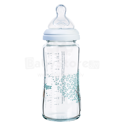 Tigex Bottle Glass Art.80602752 Stikla pudelīte ar silikona knupīti antikolika, 240 ml (0-6 mēn.)