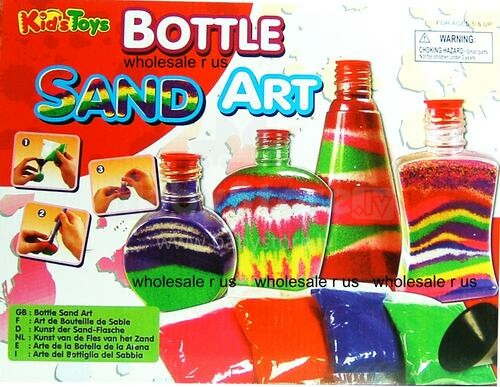 Vaikų tešlos butelio smėlio menas. 68620 mokykis ir žaisk. Rinkinį sudaro: 4 skirtingų spalvų smėlio maišai ir 4 skirtingo dydžio buteliai