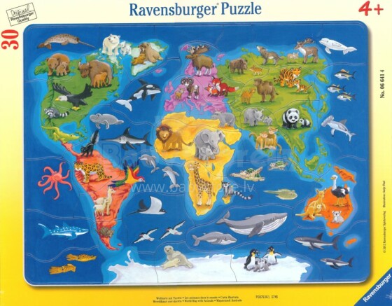 Ravensburger Puzzle 06641R 30 gb. Pasaules karte ar dzīvniekiem