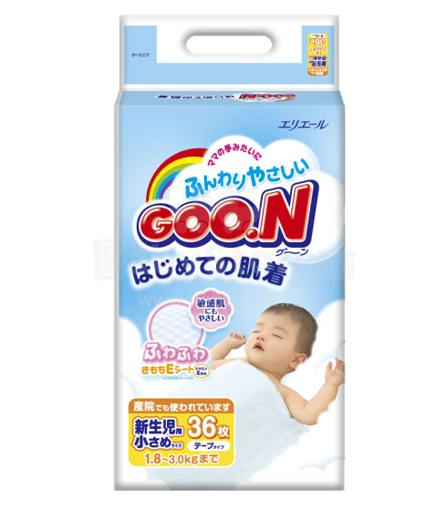 Goo.N (Гун)Подгузники Newborn 36 шт. для рожденных раньше срока - экологические подгузники (1,8 – 3 кг)