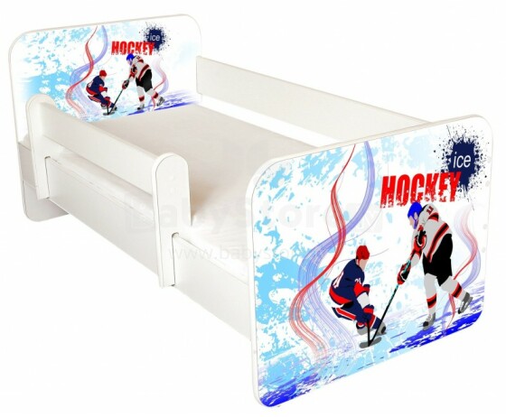 AMI Hockey Bērnu stilīga gulta ar noņemamu maliņu un matraci 144x74cm
