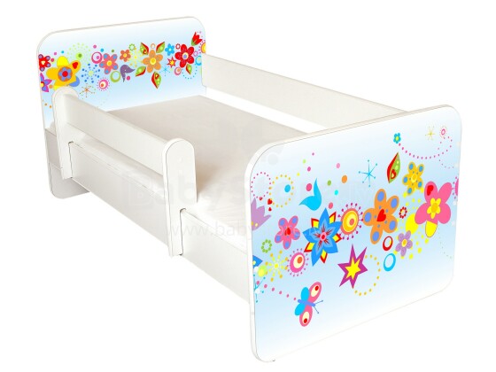 AMI Flowers Bērnu stilīga gulta ar noņemamu maliņu un matraci 144x74cm