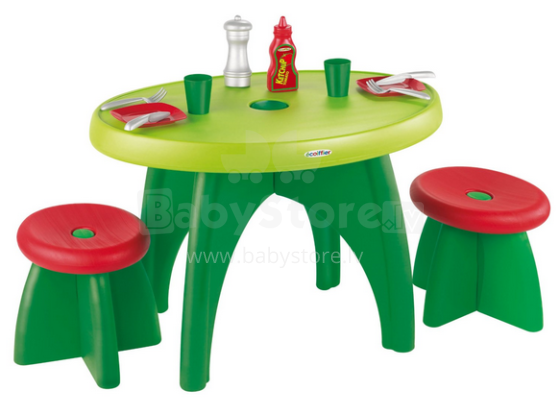 „Ecoiffier 8 / 583S“ sodo stalas ir 2 kėdžių stalo stalai ir 2 kėdės, 13 elementų rinkinyje