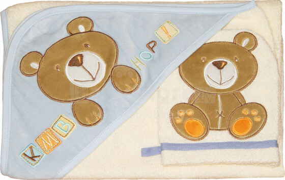 Fillikid Art.T1008B Hop Bear Детский комплект для ванной Махровое Полотенце с капюшоном 100х100 см  + рукавичка для мытья