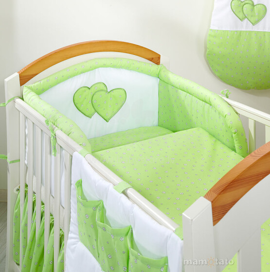 Mamo Tato Heart Col. Green Print Kokvilnas gultas veļas komplekts no 6 daļam (70/100x135 cm)