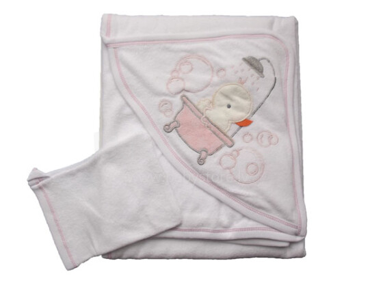 „Bebekids“ 76702 kilpinis rankšluosčių rausvas vaikų rinkinys, kilpinis rankšluostis su gobtuvu (75x75) ir medvilninė pirštinė skalbimui
