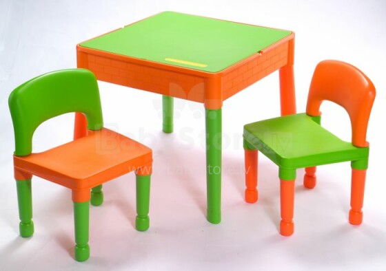 „Tega“ kūdikių pastato komplektas. Art.MT-003 Žaliai oranžinis vaikų rinkinys, stalas + 2 kėdės