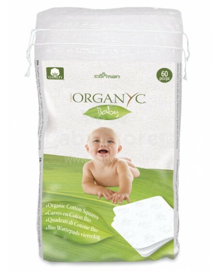 Organyc ORGBA03 medvilnės kvadratėliai kūdikių odos priežiūrai, 60 vnt
