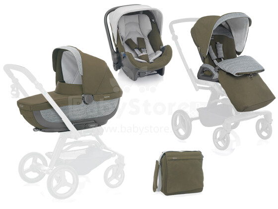 „Inglesina '15 Quad System“ miško vežimėlis, vežimėlio krepšys, vežimėlio sėdynė (be vežimėlio rėmo), automobilinė kėdutė, lietaus danga