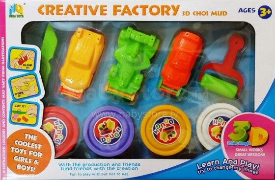 „Creativ Factory“ menas. 323739 Tešlos rinkinys 3D pasirinktų purvo plastilino kartoninė dėžutė, 4 spalvų su priedais