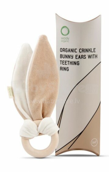 „Wooly Organic Bunny Art.00301 Premium“ - ekologiškos medvilnės barškutis su mediniu dantų krapštuku, (100% natūralus)