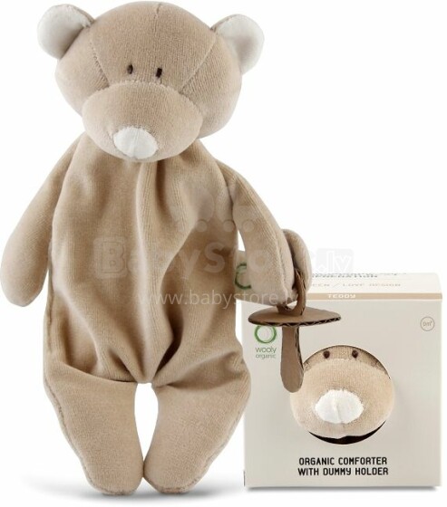 Wooly Organic Art.00106 Augstākas kvalitātes - Eko kokvilnas mīksta rotaļlieta miega lupatiņa ar knupja turētāju lācis, (100% dabisks)