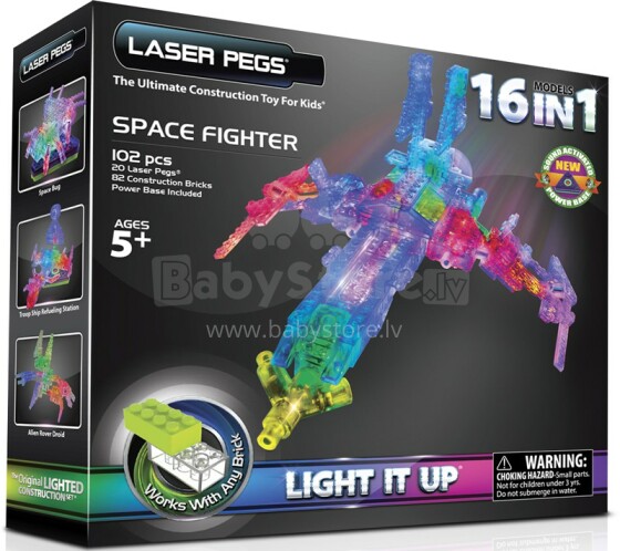 „Laserpegs 16 in 1 Space Fighter“, reaguoja į garsą. G9030B konstruktorius šviečia tamsoje, 102 det.