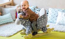 KinderKraft 2-in-1 Musical Rocker – Grey Plush Rocking Horse with Back Support and Optional Wheels, 12 Months+