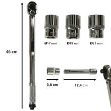 Ikonka Art.KX4720 Torque spanner 460mm 1/2'' + 3 sockets 17-21mm 40-210Nm locking + carrying case