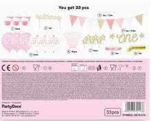 Ikonka Art.KX4549 Birthday party decorations for 1st birthday set pink and gold