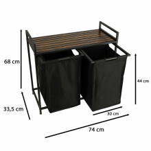 Ikonka Art.KX4348 Dviejų skyrių skalbinių krepšys su medine stalviršio lentyna kaimiškas LOFT juodas