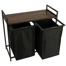 Ikonka Art.KX4348 Two-compartment laundry basket with wooden table top shelf rustic LOFT black
