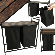 Ikonka Art.KX4348 Dviejų skyrių skalbinių krepšys su medine stalviršio lentyna kaimiškas LOFT juodas