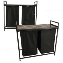 Ikonka Art.KX4348 Two-compartment laundry basket with wooden table top shelf rustic LOFT black