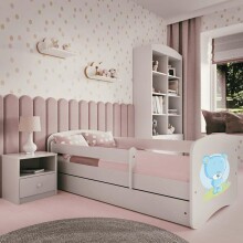 Bed babydreams white blue teddybear with drawer with non-flammable mattress 140/70