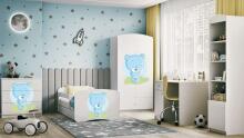 Bed babydreams white blue teddybear with drawer with non-flammable mattress 140/70