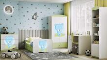 Bed babydreams green blue teddybear with drawer with non-flammable mattress 140/70