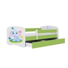 Bed babydreams green baby elephant with drawer with non-flammable mattress 160/80
