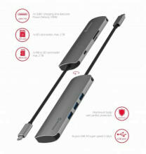 Swissten USB-C Sadalītājs 6in1 ar 3X USB 3.0 / 1X USB-C Power Delivery / 1X microSD / 1X SD / Alumīnija korpuss