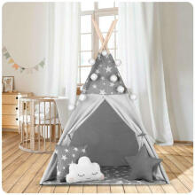 Teepee telts bērniem ar vītni un apgaismojumu Nukido - pelēka ar zvaigznēm