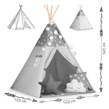 Teepee telts bērniem ar vītni un apgaismojumu Nukido - pelēka ar zvaigznēm