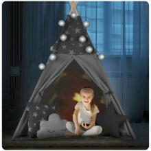 Teepee telts bērniem ar vītni un apgaismojumu Nukido - pelēka ar zvaigznēm